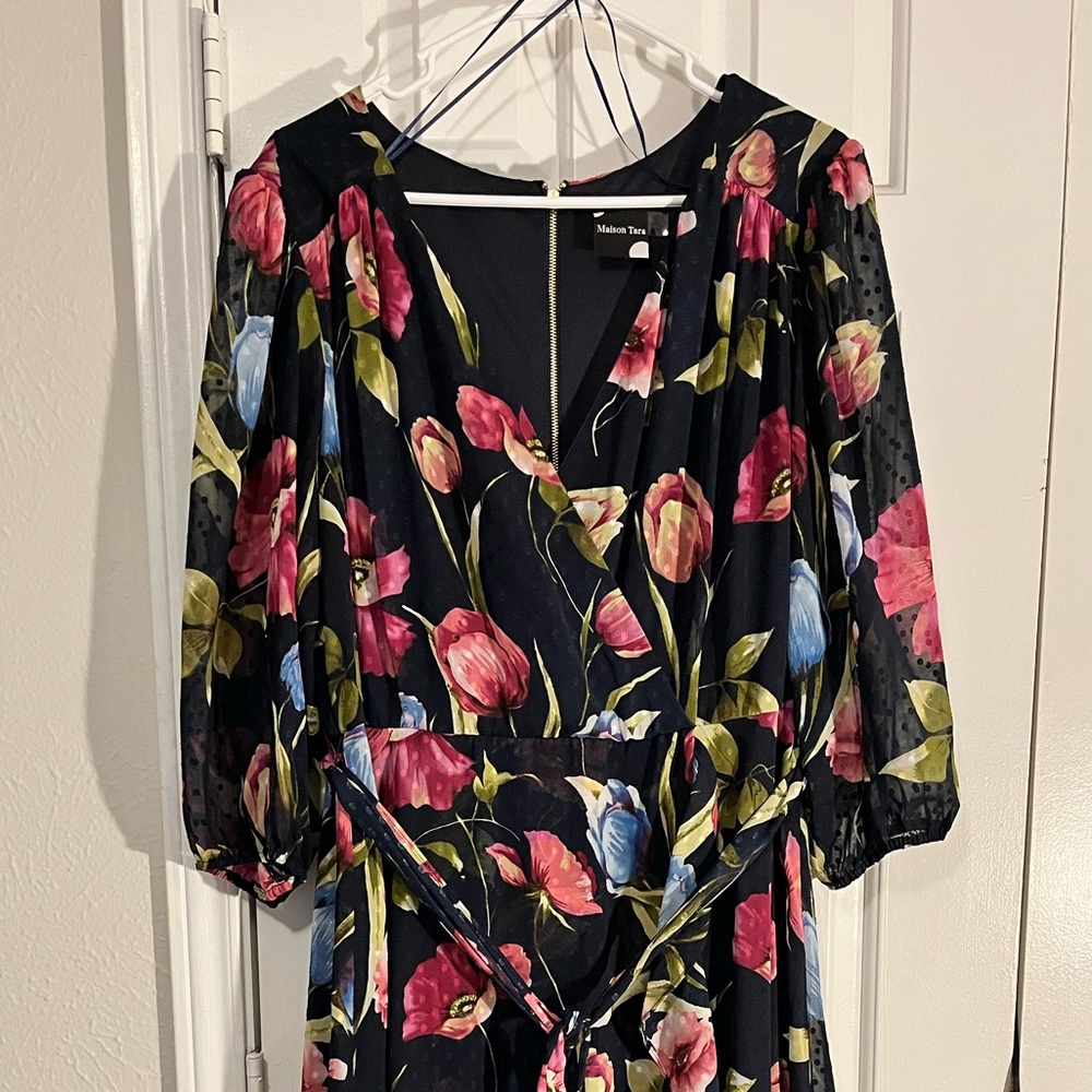 Madison Tara Navy Floral Faux Wrap Dress 16W